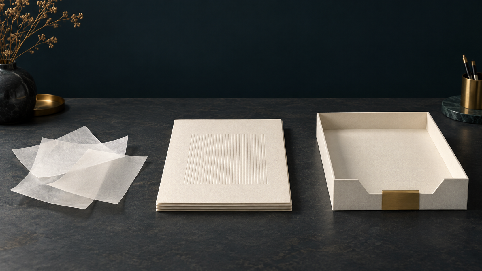 Translucent paper, an aligned ivory folio, and a brass-tab review tray: suggestion, record, and decision.